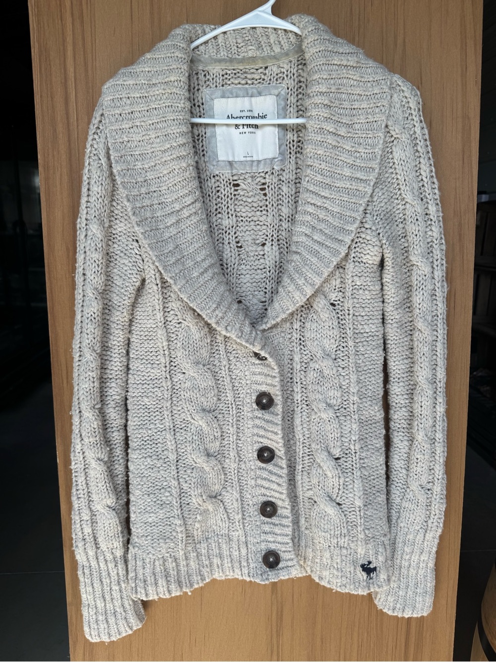 Vintage Abercrombie & Fitch Y2K Women's Cream Cable Knit Shawl Collar Sweater